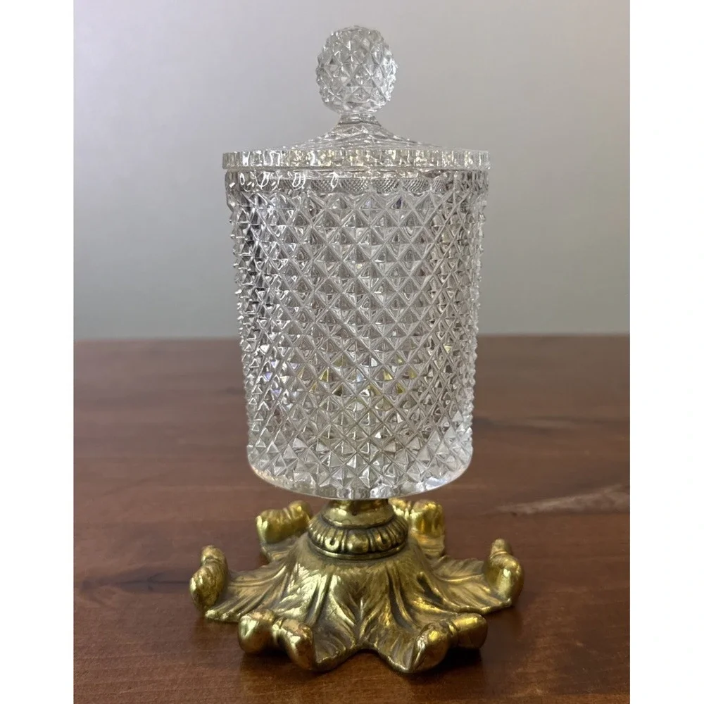 Rare VTG MCM  Diamond Cut Glass Apothecary Jar Hollywood Regency Gold Pedestal